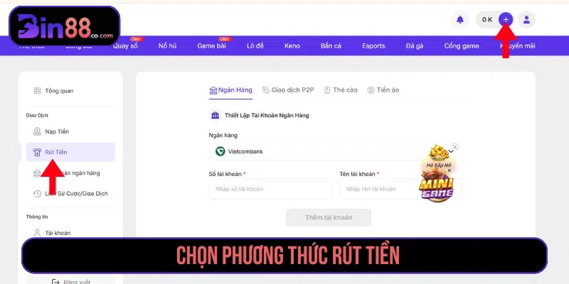 Bấm dấu cộng góc phải trên cùng rồi bấm chọn mục rút tiền 